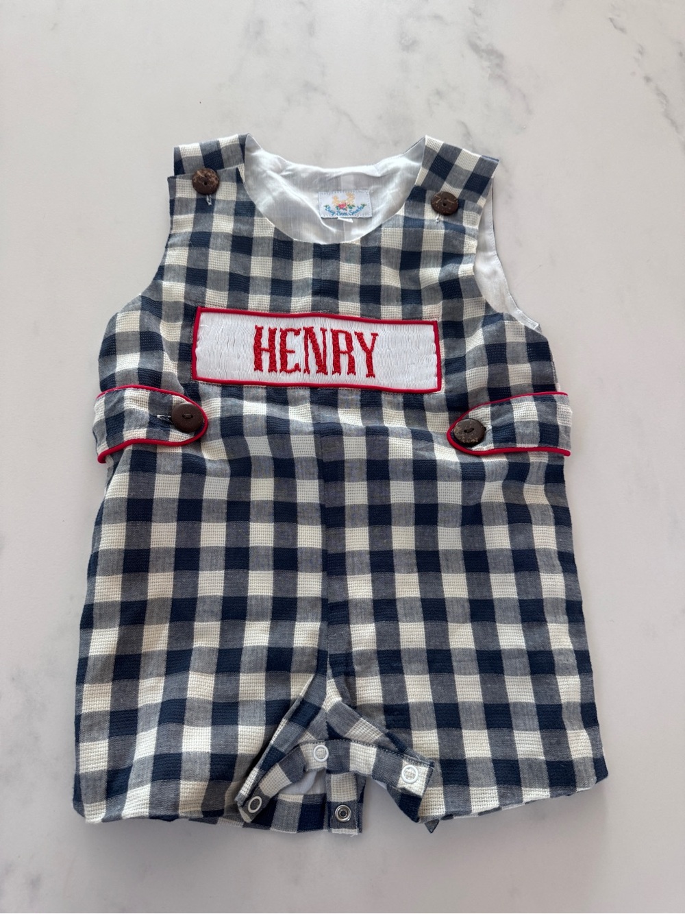 Personalized Navy and White Gingham Baby One-Piece Bodysuit - Henry